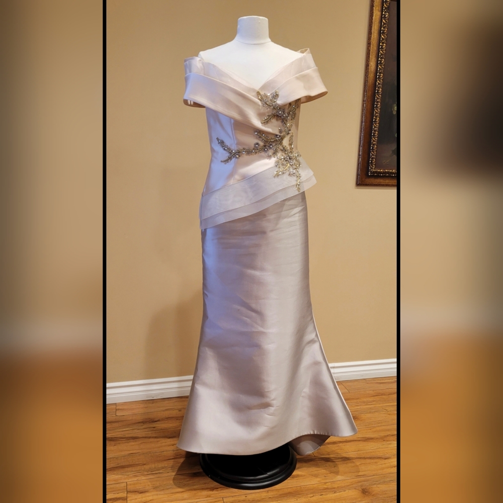 Tahari Cream Satin Maxi Dress with Embellishments